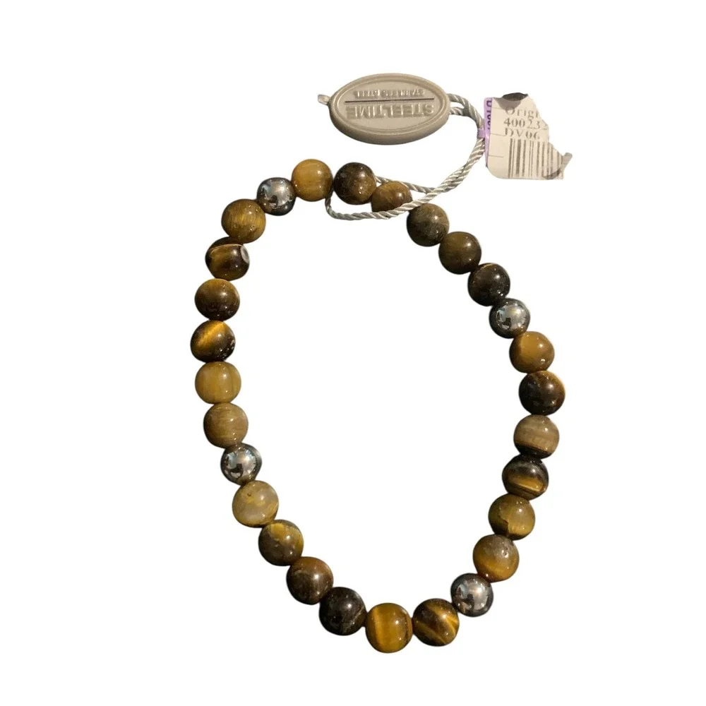 NWT Steeltime Tiger Eye and Stainless Steel Beaded Stretch Bracelet Brown Silver